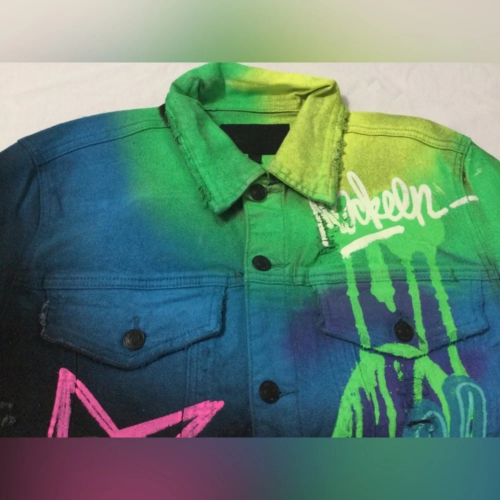 Mackeen Painted Distressed Men’s Graffiti Denim Jacket Size M - Picture 5 of 11